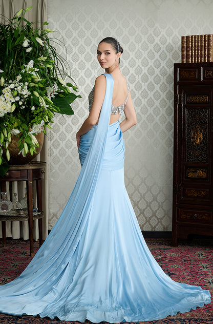 Ice Blue Satin Stitched Saree Set