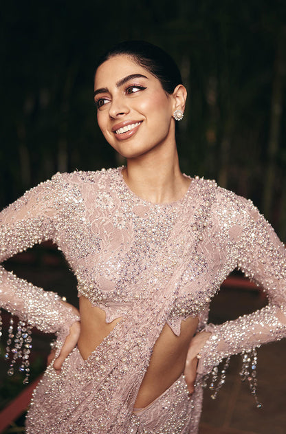 Khushi Kapoor in our Dusty Pink Lace Embellished Saree