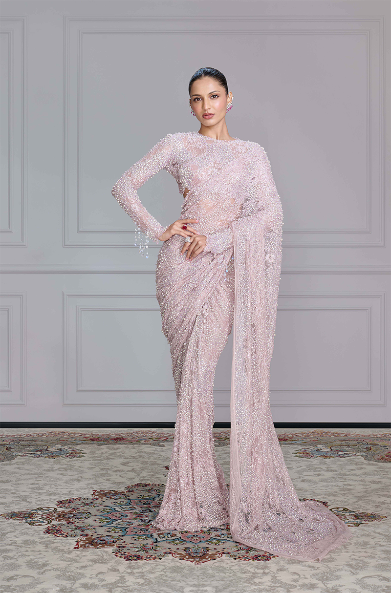 Dusty Pink Lace Embellished Saree Set