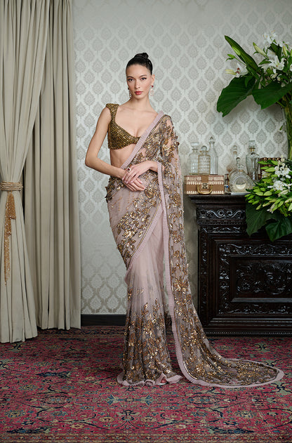 Mauve-Gold Leaf Embroidered Tulle Saree Set