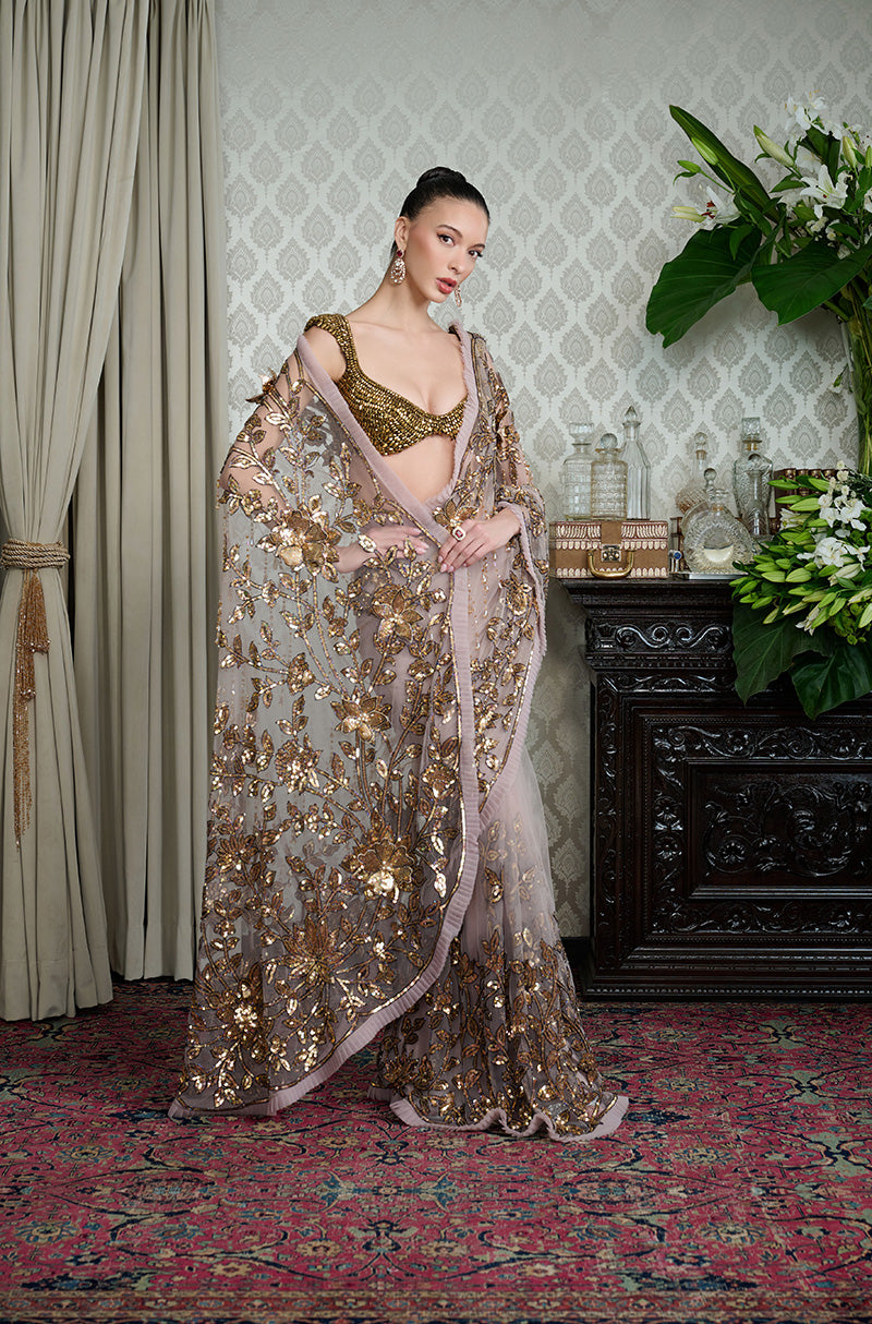 Mauve-Gold Leaf Embroidered Tulle Saree Set