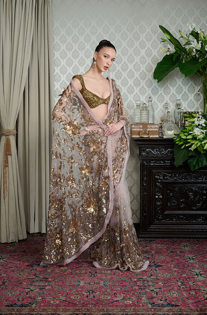 Mauve-Gold Leaf Embroidered Tulle Saree Set