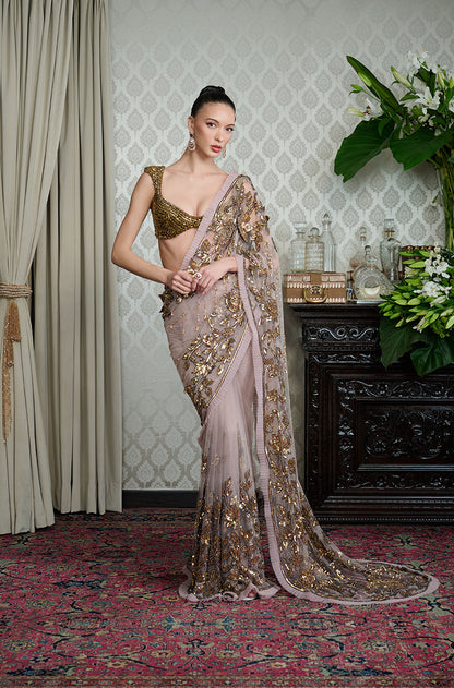 Mauve-Gold Leaf Embroidered Tulle Saree Set