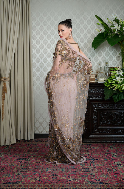 Mauve-Gold Leaf Embroidered Tulle Saree Set