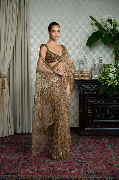 Nude Tulle with Gold Swirls Embroidered Saree Set