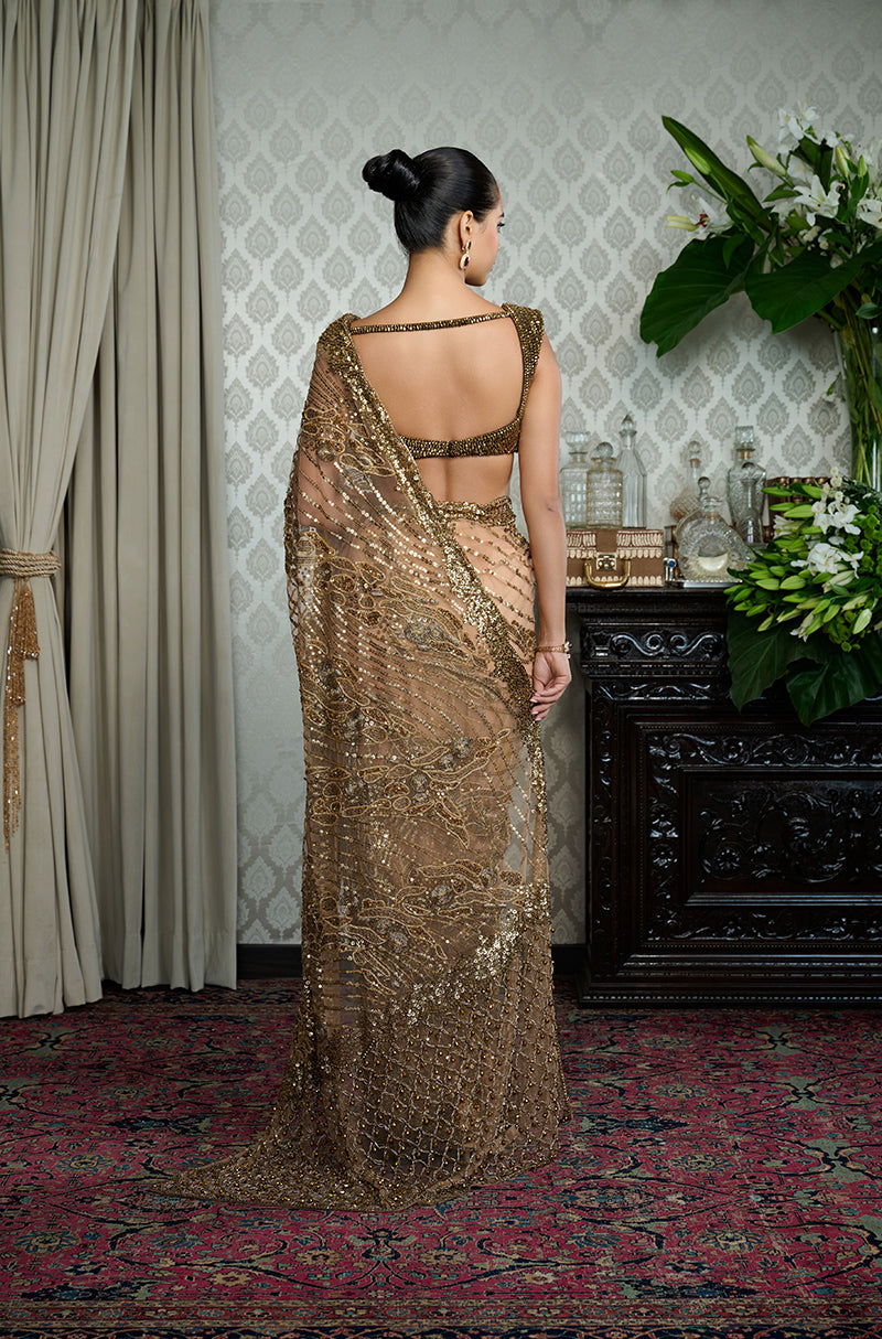 Nude Tulle with Gold Swirls Embroidered Saree Set