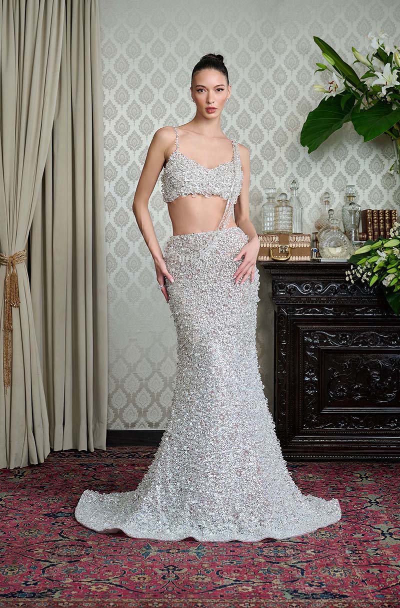 Silver Crystal 3D Floral Encrusted Skirt Set