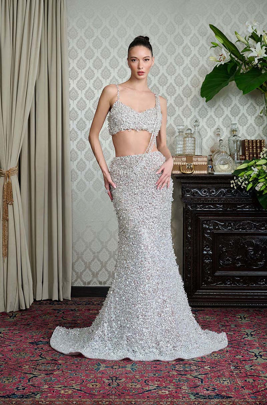 Silver Crystal 3D Floral Encrusted Skirt Set