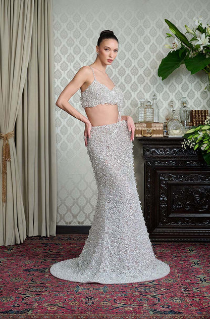 Silver Crystal 3D Floral Encrusted Skirt Set