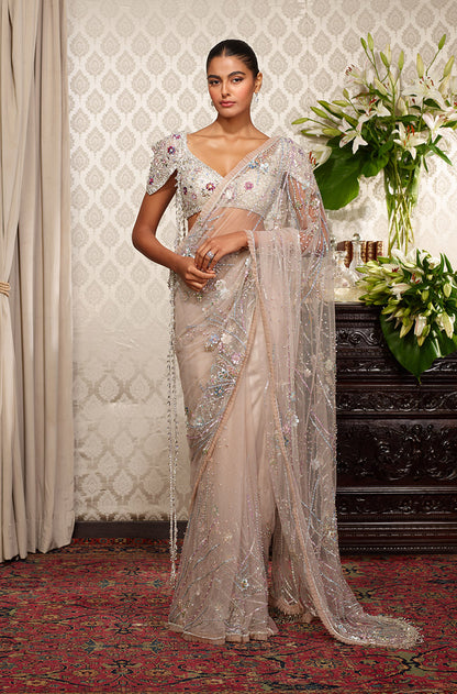Ivory Tulle Floral Jaal Embroidered Saree Set