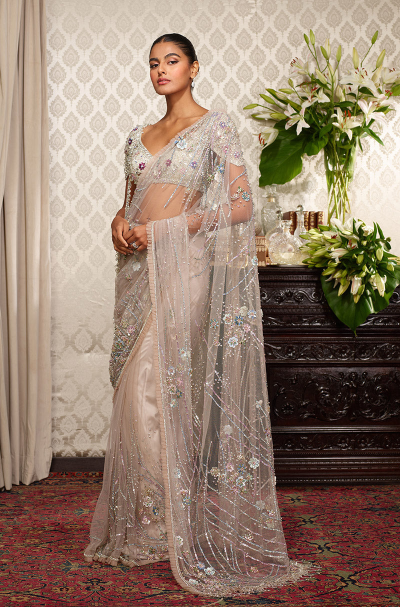 Ivory Tulle Floral Jaal Embroidered Saree Set