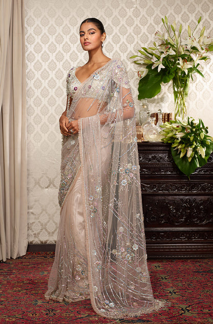 Ivory Tulle Floral Jaal Embroidered Saree Set