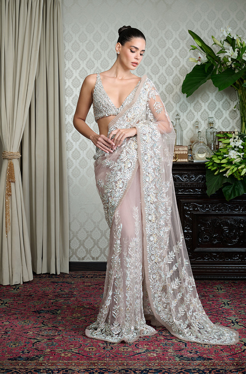 Blush Pink Tulle Ivory Leaf Embroidered Saree Set