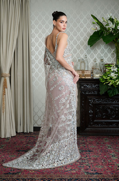 Blush Pink Tulle Ivory Leaf Embroidered Saree Set