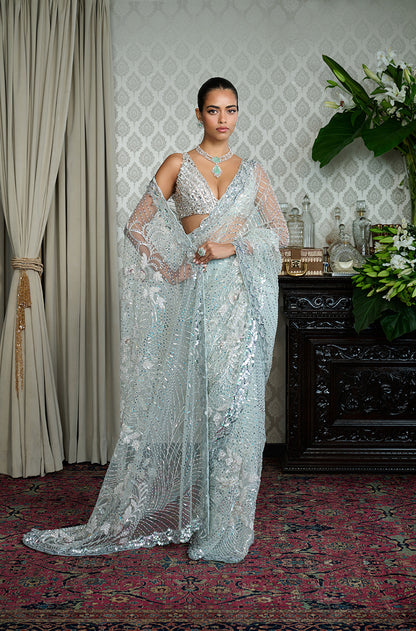 Ice Blue Tulle Taban Floral Chevron Saree Set