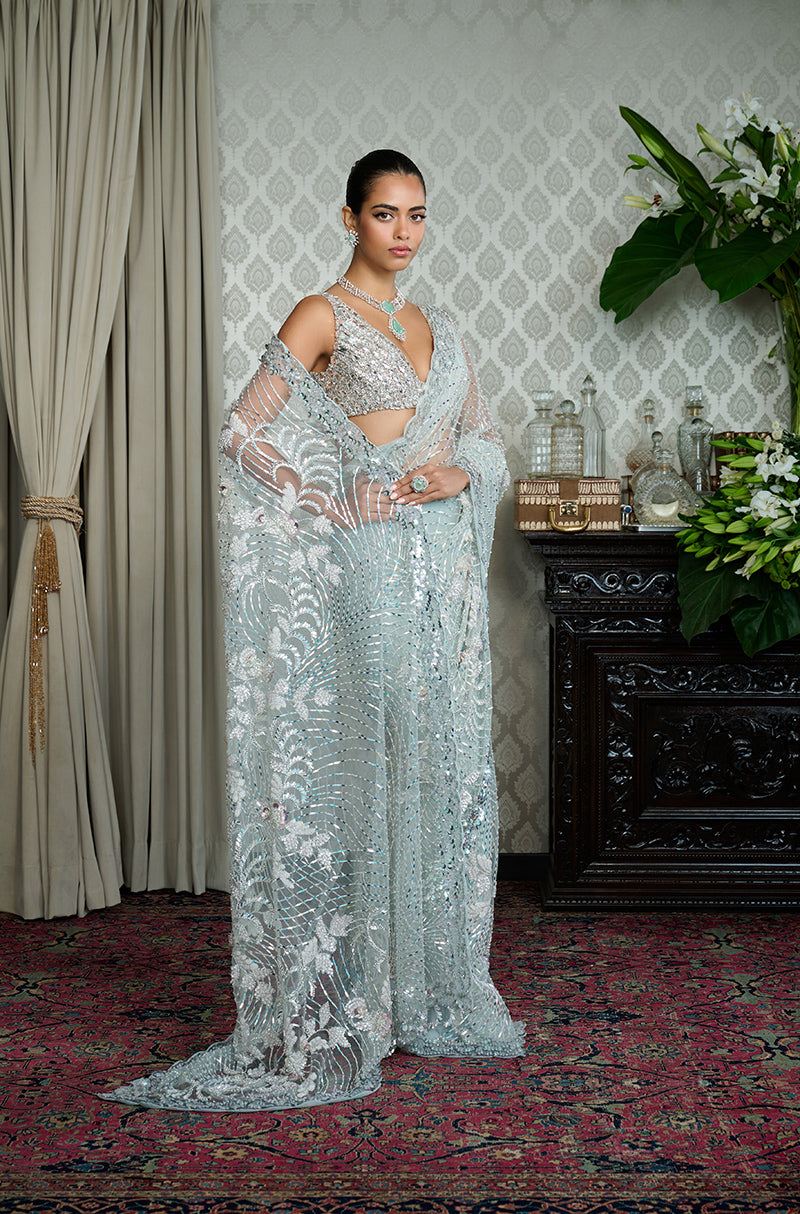 Ice Blue Tulle Taban Floral Chevron Saree Set