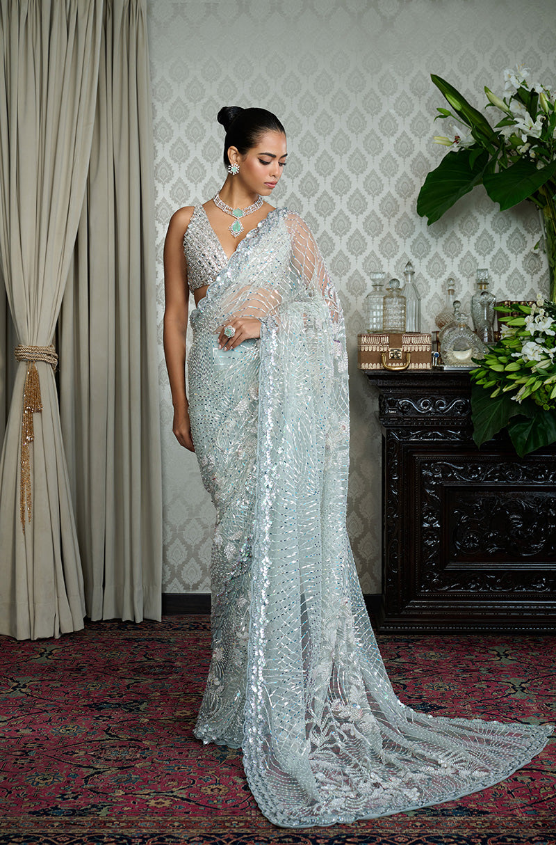 Ice Blue Tulle Taban Floral Chevron Saree Set