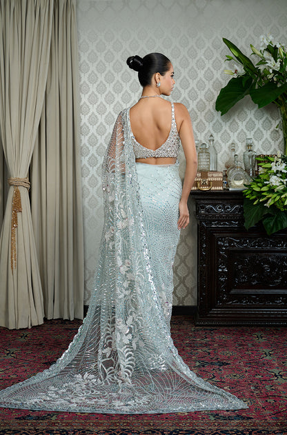 Ice Blue Tulle Taban Floral Chevron Saree Set