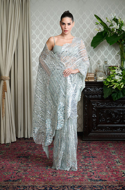 Grey Tulle Scallop Taban Sequin Saree Set
