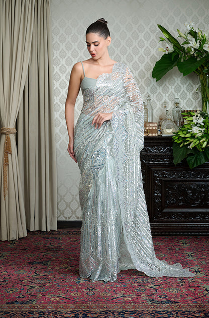 Grey Tulle Scallop Taban Sequin Saree Set