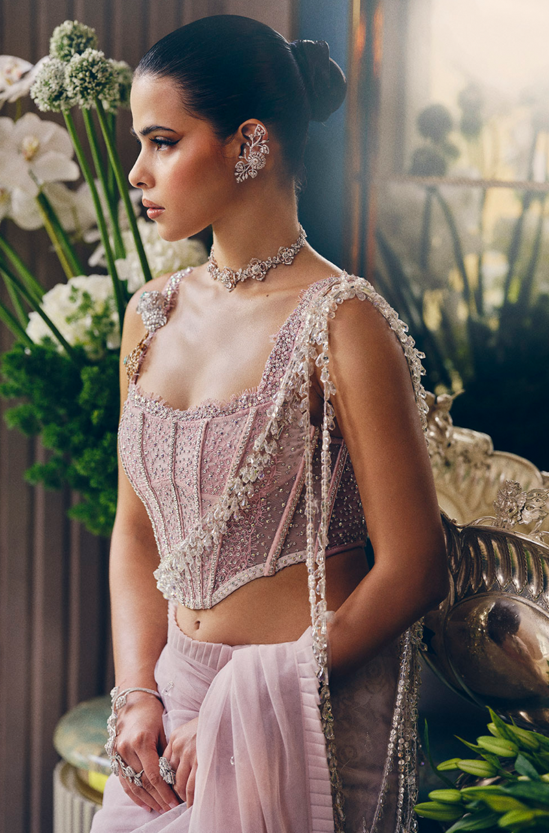 Dusty Pink Tulle Crystal Drop Saree Set