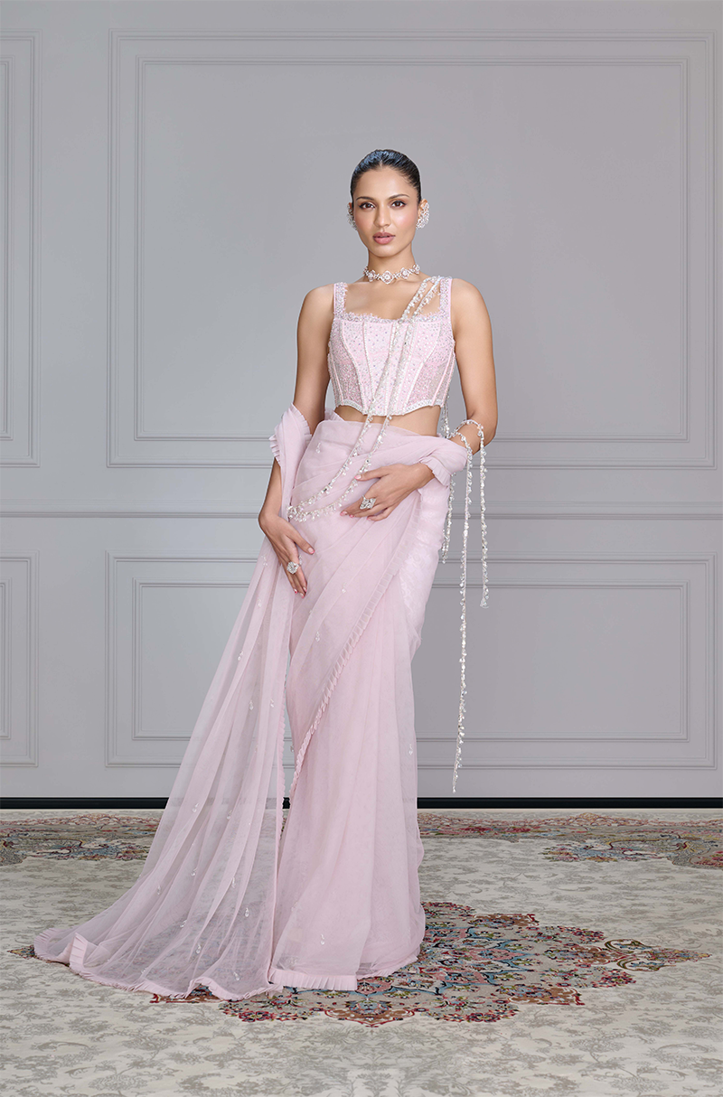 Dusty Pink Tulle Crystal Drop Saree Set
