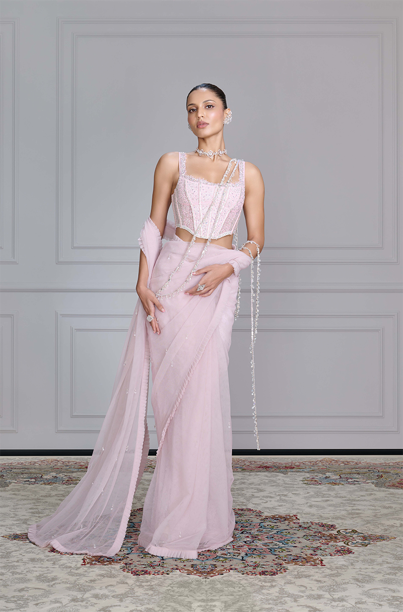 Dusty Pink Tulle Crystal Drop Saree Set