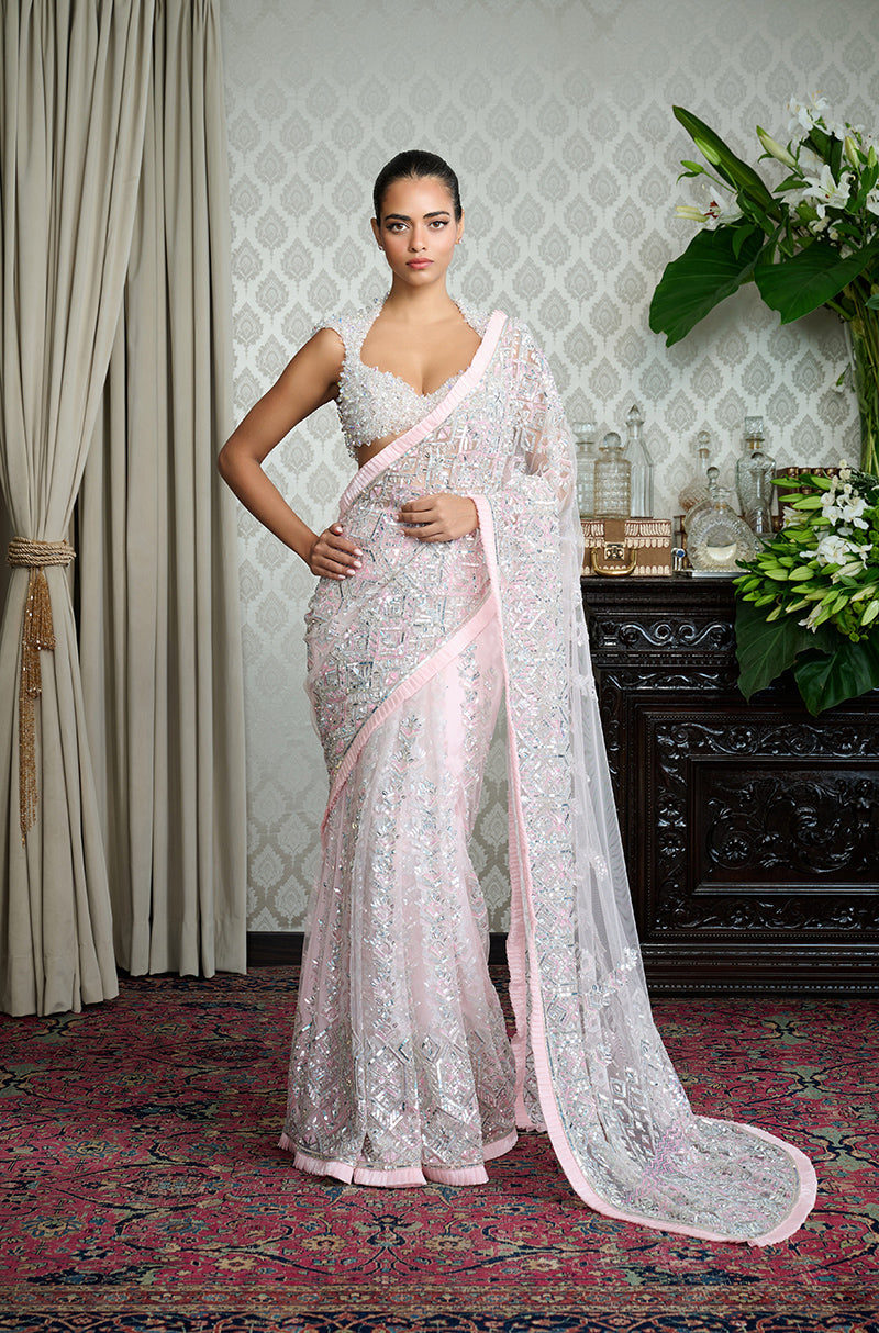 Pink Tulle with Silver Embroidery Saree Set