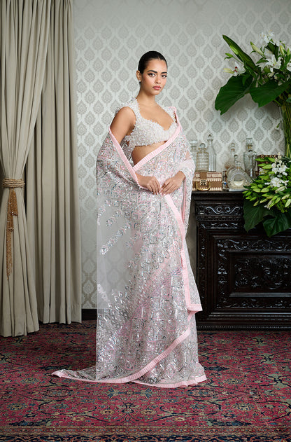 Pink Tulle with Silver Embroidery Saree Set