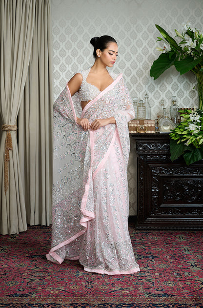 Pink Tulle with Silver Embroidery Saree Set