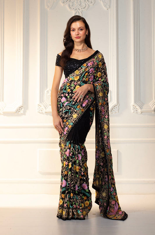 Black Georgette Kashimiri Embroidered Saree Set