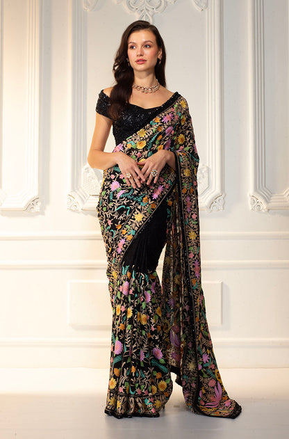 Black Georgette Kashimiri Embroidered Saree Set