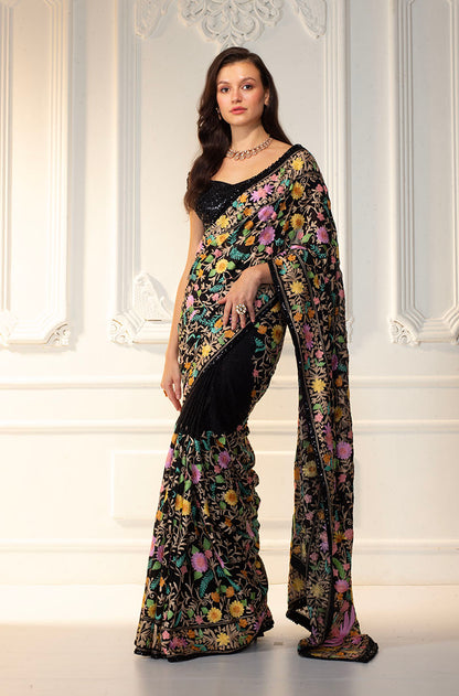 Black Georgette Kashimiri Embroidered Saree Set