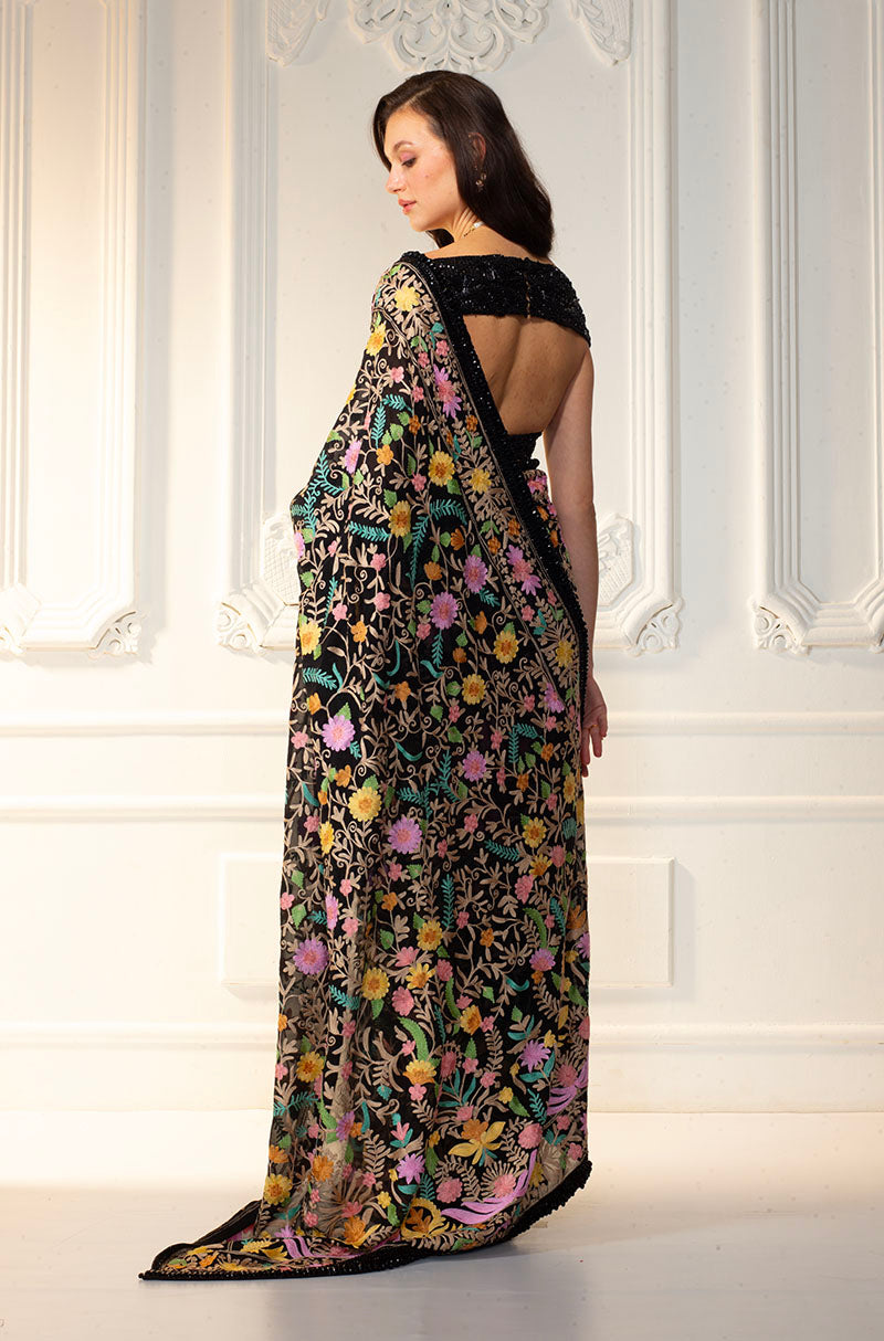 Black Georgette Kashimiri Embroidered Saree Set
