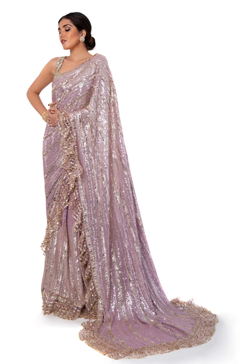 Lilac Gold Sequin Embroidered Saree Set