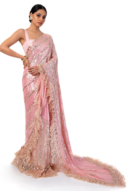Pink Saree Set with Gold Sequins Embroidery