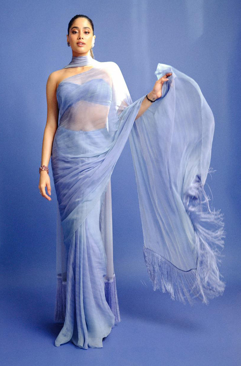 Janhvi Kapoor in our Custom Blue Hand-Painted French Chiffon Saree Set