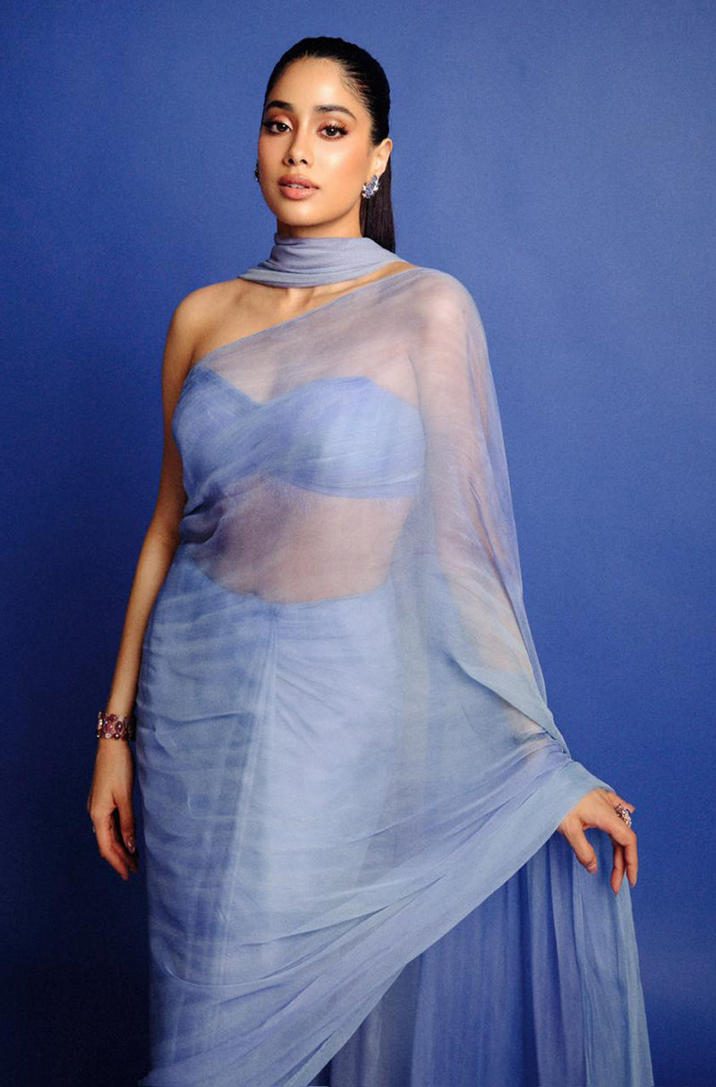 Janhvi Kapoor in our Custom Blue Hand-Painted French Chiffon Saree Set
