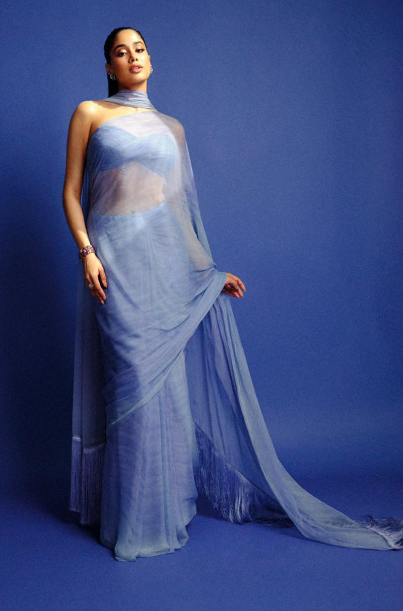 Janhvi Kapoor in our Custom Blue Hand-Painted French Chiffon Saree Set
