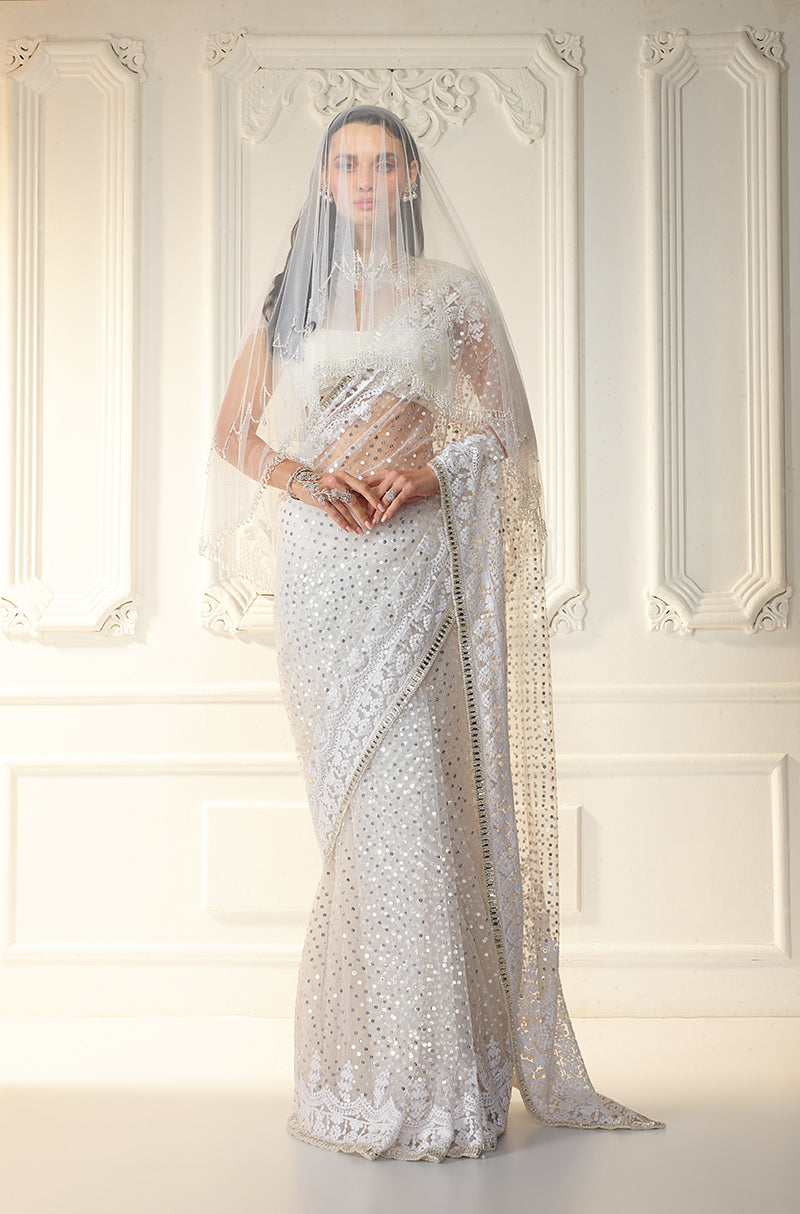 Ivory Tulle Mijwan Embroidered Saree Set