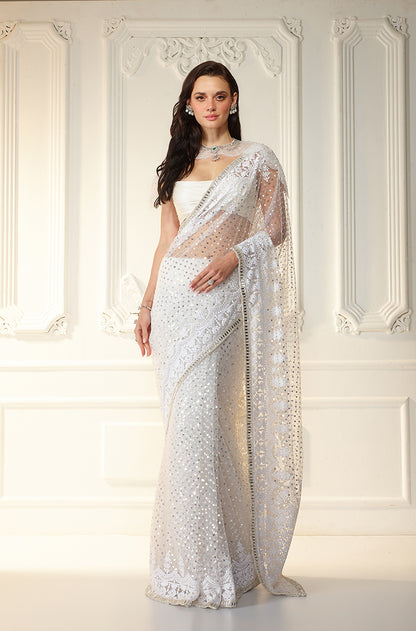 Ivory Tulle Mijwan Embroidered Saree Set