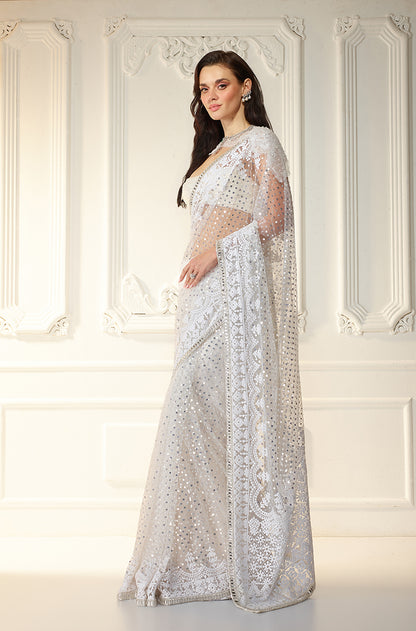 Ivory Tulle Mijwan Embroidered Saree Set