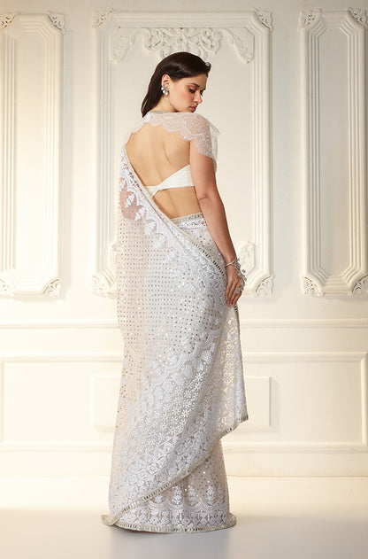 Ivory Tulle Mijwan Embroidered Saree Set