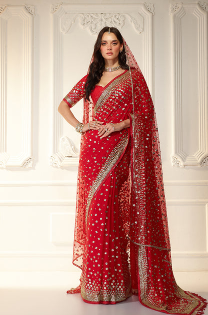 Red Georgette With Taban Embroidered Saree Set