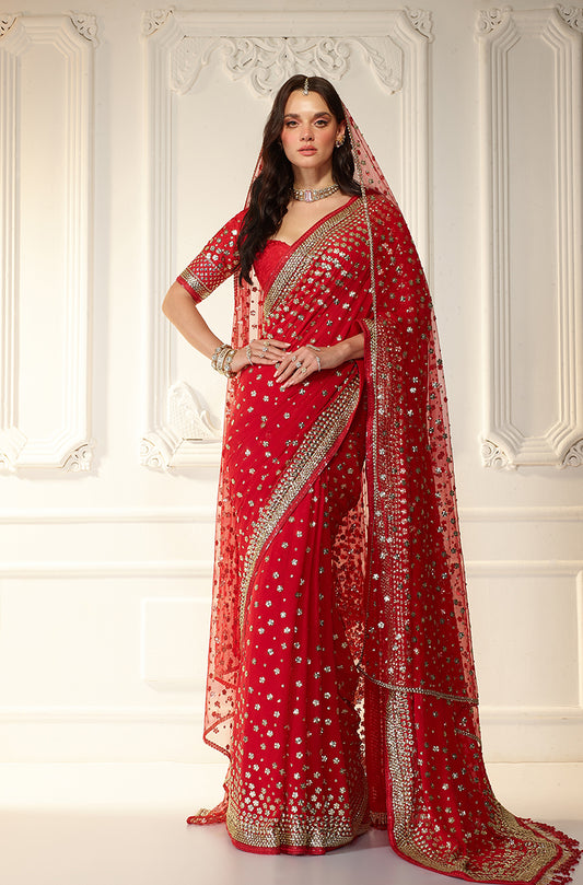 Red Georgette With Taban Embroidered Saree Set