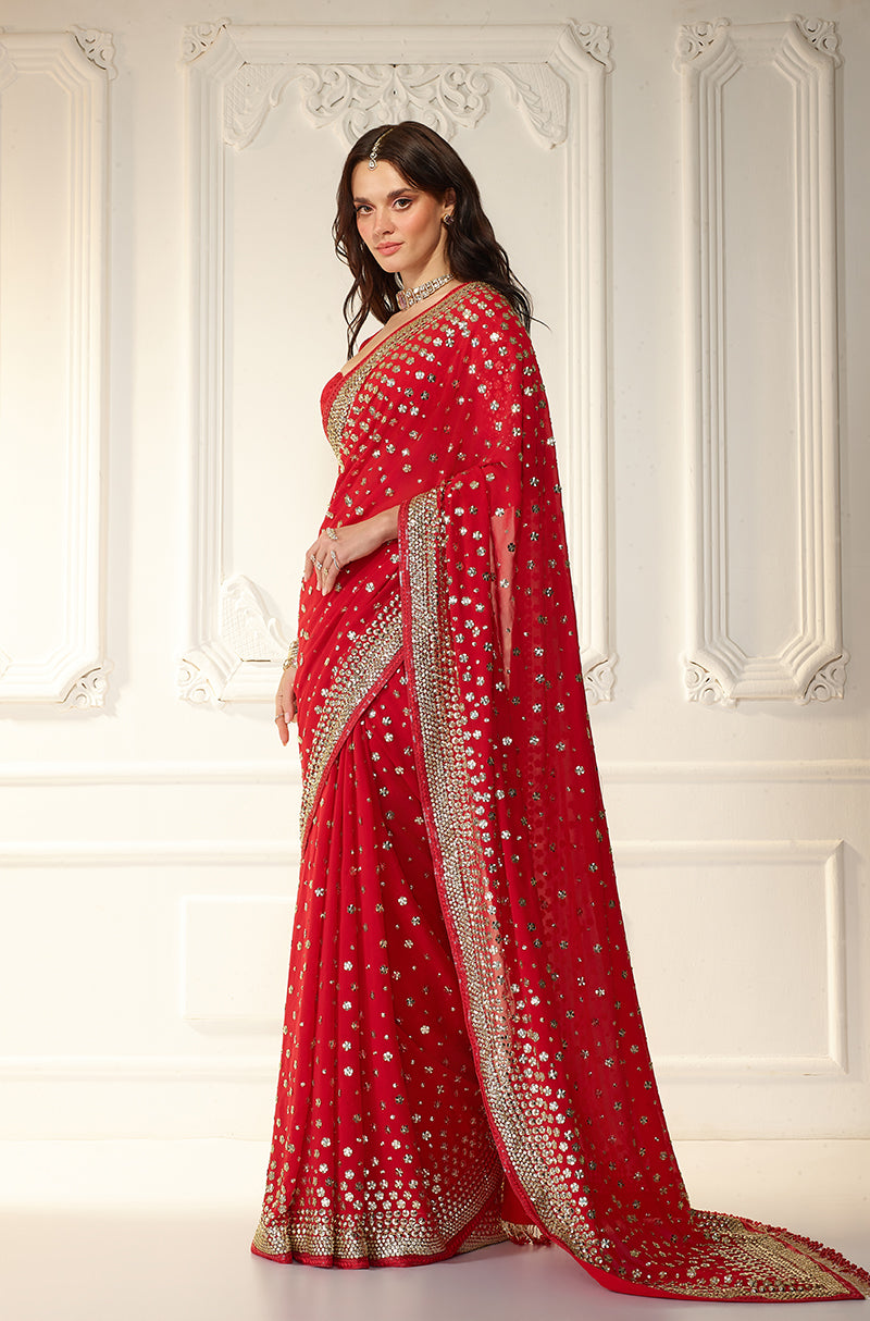 Red Georgette With Taban Embroidered Saree Set