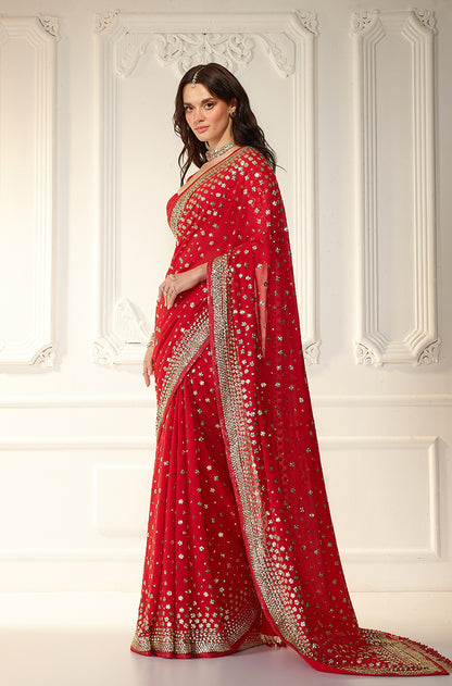Red Georgette With Taban Embroidered Saree Set
