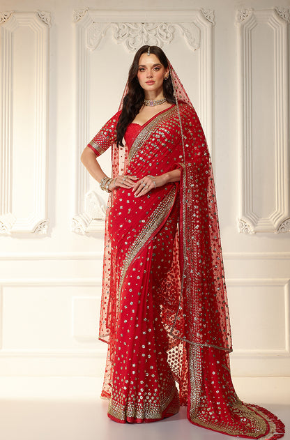 Red Georgette With Taban Embroidered Saree Set