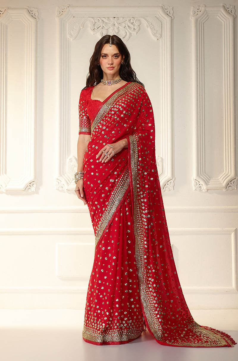 Red Georgette With Taban Embroidered Saree Set