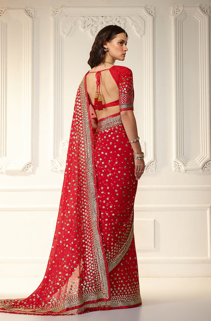 Red Georgette With Taban Embroidered Saree Set